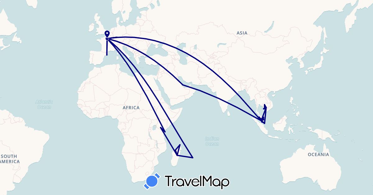 TravelMap itinerary: driving in Germany, Spain, France, Kenya, Cambodia, Madagascar, Mauritius, Malaysia, Qatar, Singapore (Africa, Asia, Europe)